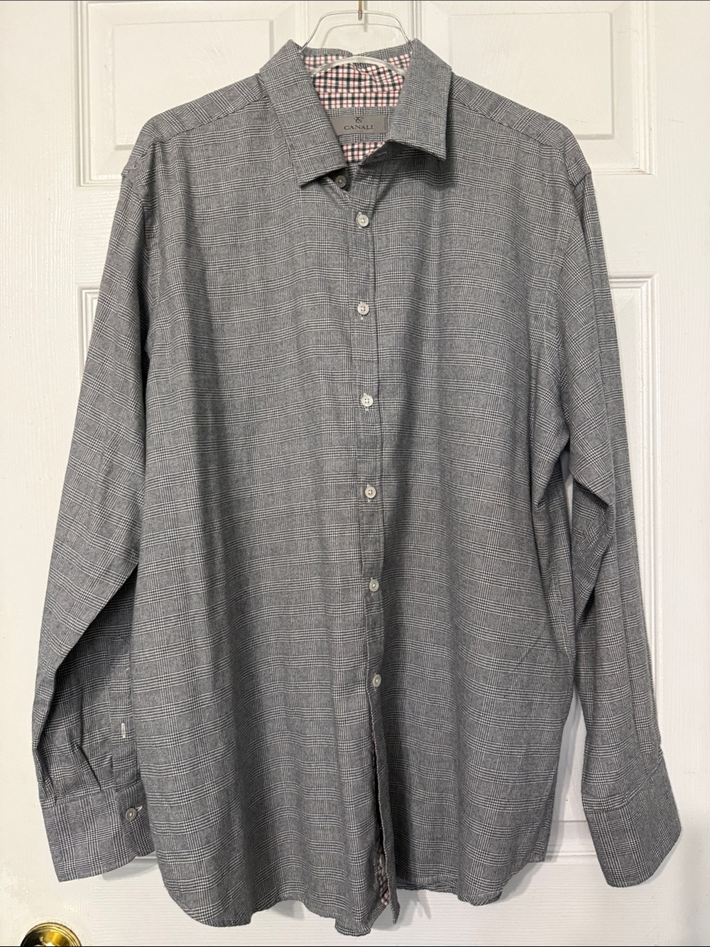 Canali Italy Men's Grey Micro-Pattern Dress Shirt‎ Contrast Plaid Trim Size XXL